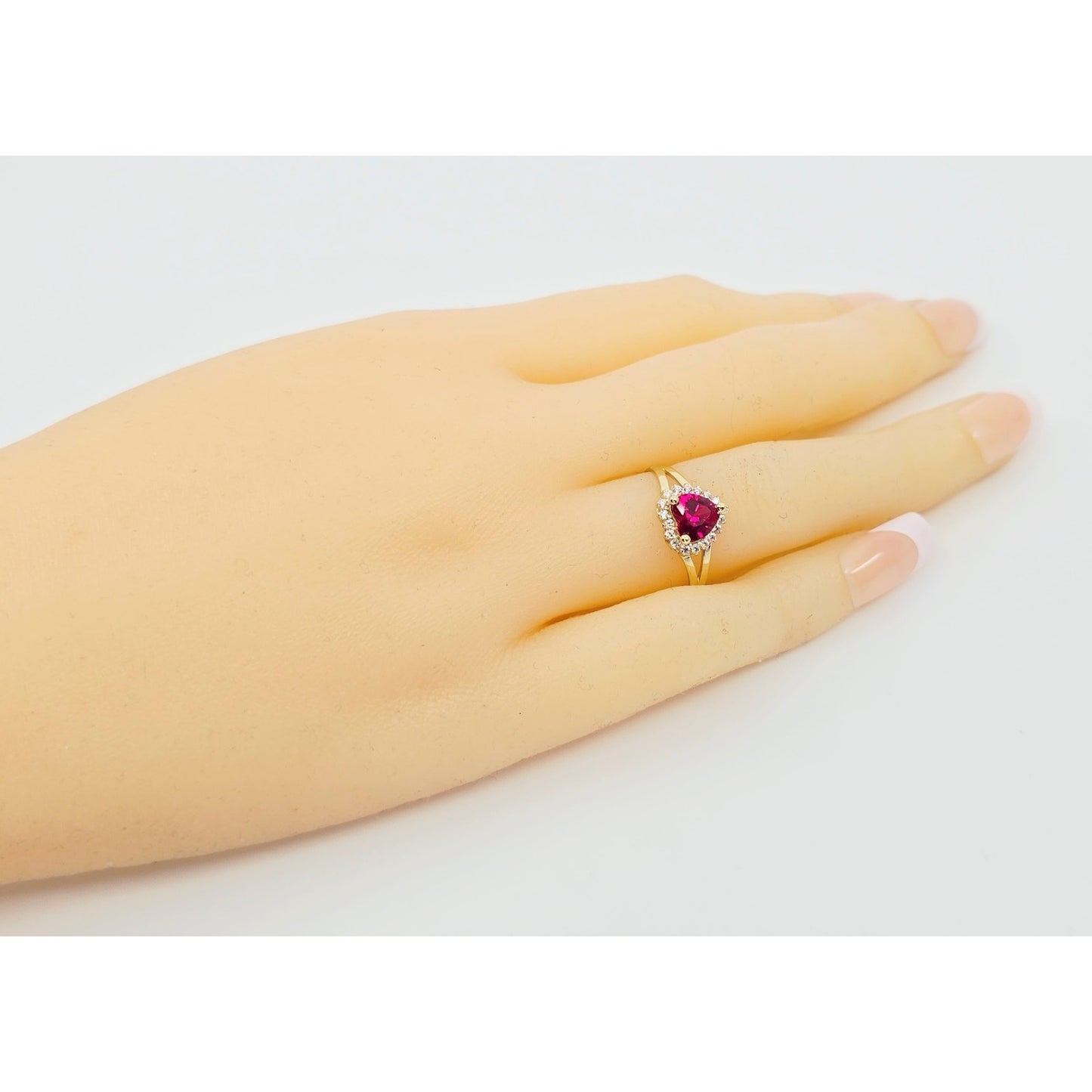 14K Yellow Gold Heart Shaped Synthetic Ruby & CZ Ring