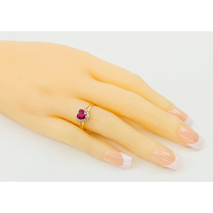 14K Yellow Gold Heart Shaped Synthetic Ruby & CZ Ring
