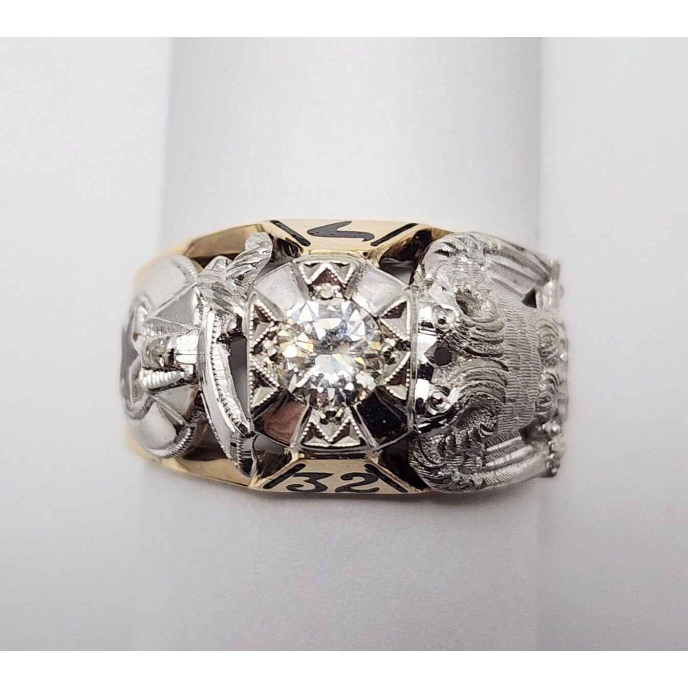 14K Two Tone Gold Masonic Double Headed Eagle 32nd Degree Diamond Ring