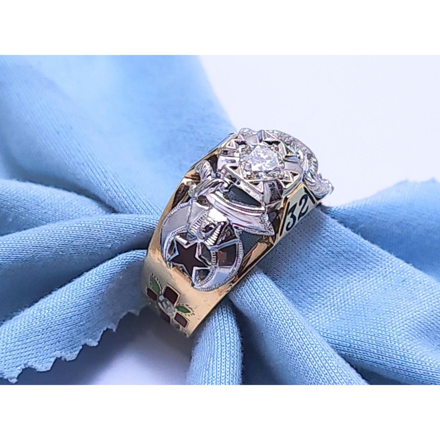 14K Two Tone Gold Masonic Double Headed Eagle 32nd Degree Diamond Ring