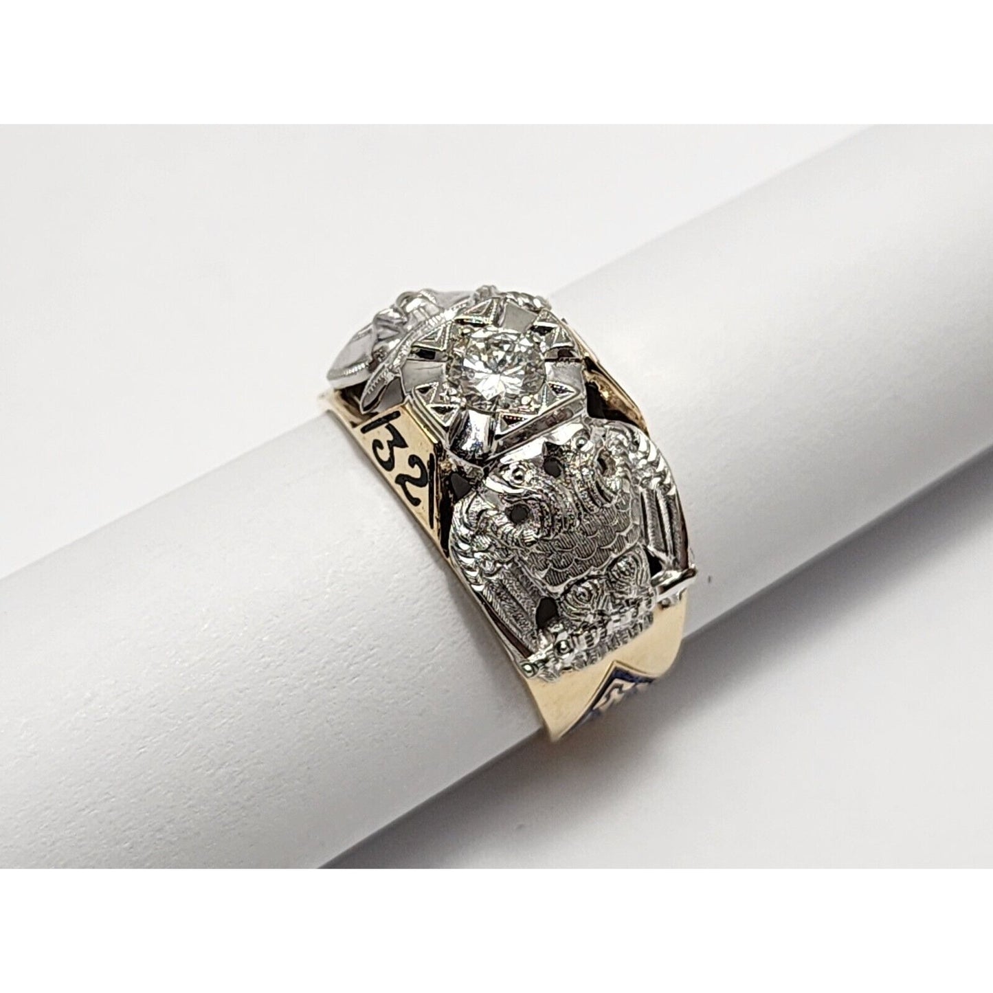 14K Two Tone Gold Masonic Double Headed Eagle 32nd Degree Diamond Ring