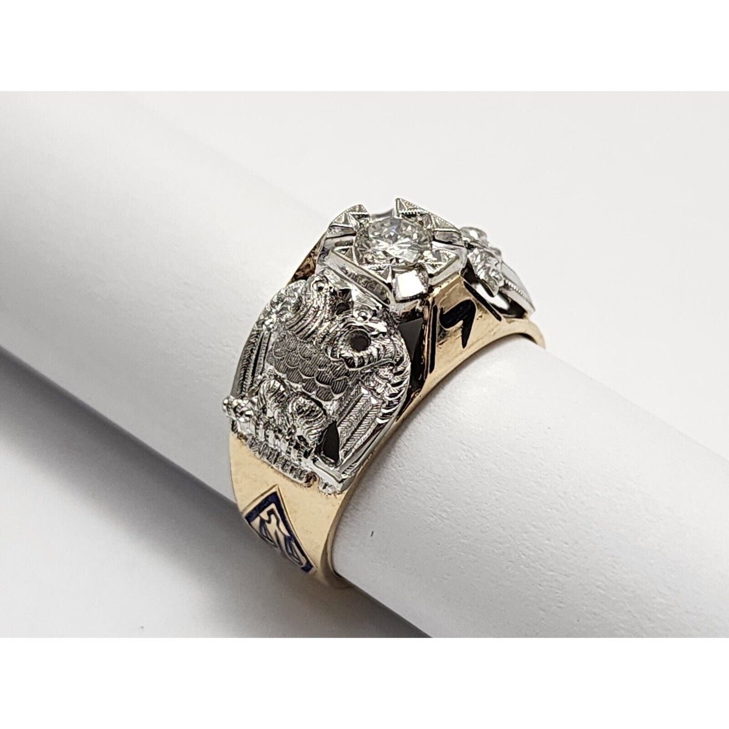 14K Two Tone Gold Masonic Double Headed Eagle 32nd Degree Diamond Ring