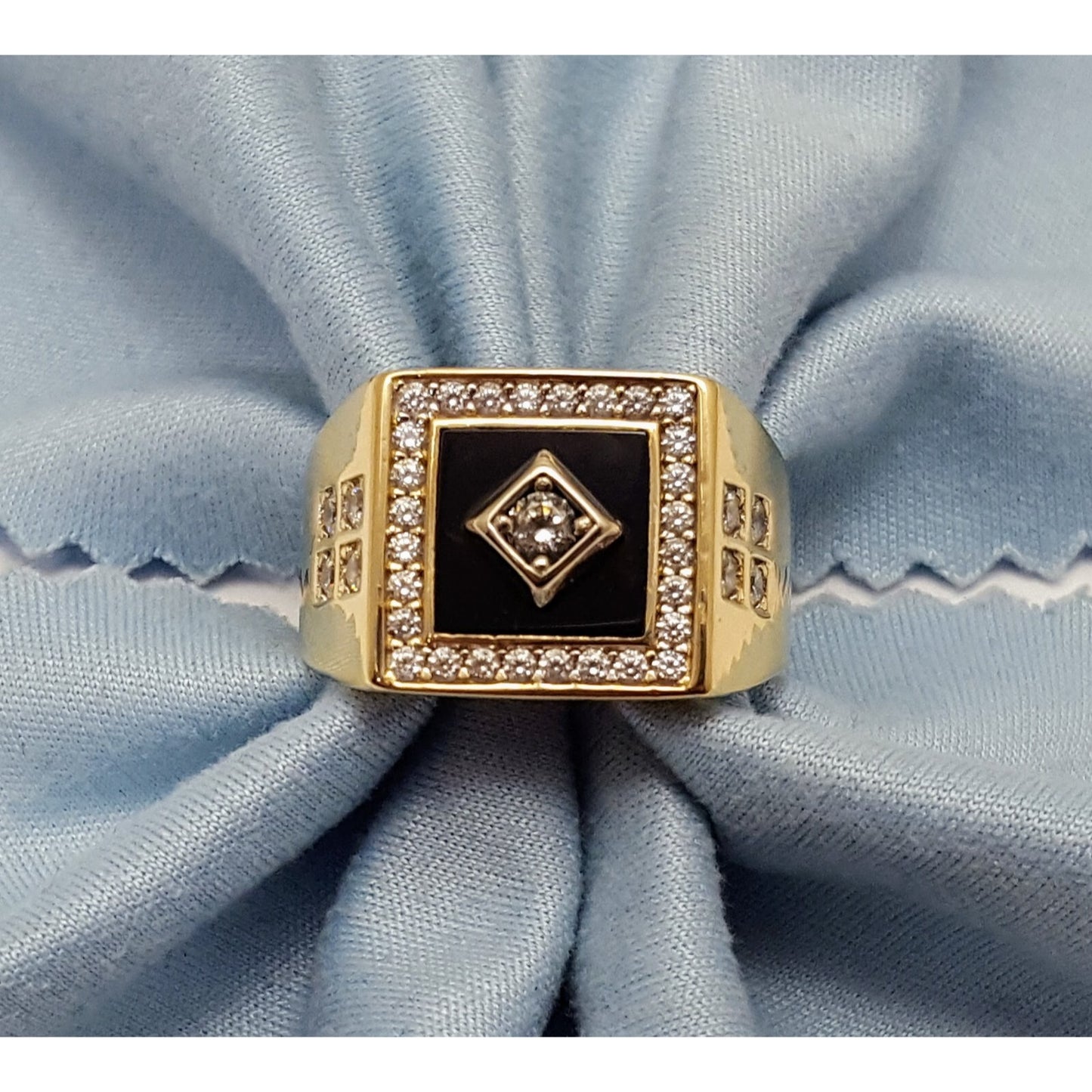 14K Two Tone Gold Onyx & CZ Men's Ring