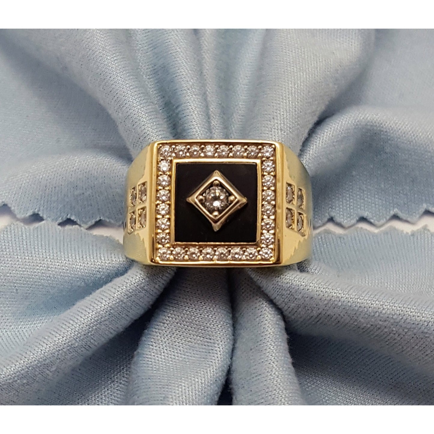 14K Two Tone Gold Onyx & CZ Men's Ring