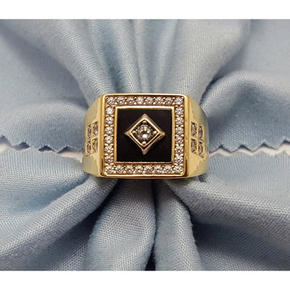 14K Two Tone Gold Onyx & CZ Men's Ring