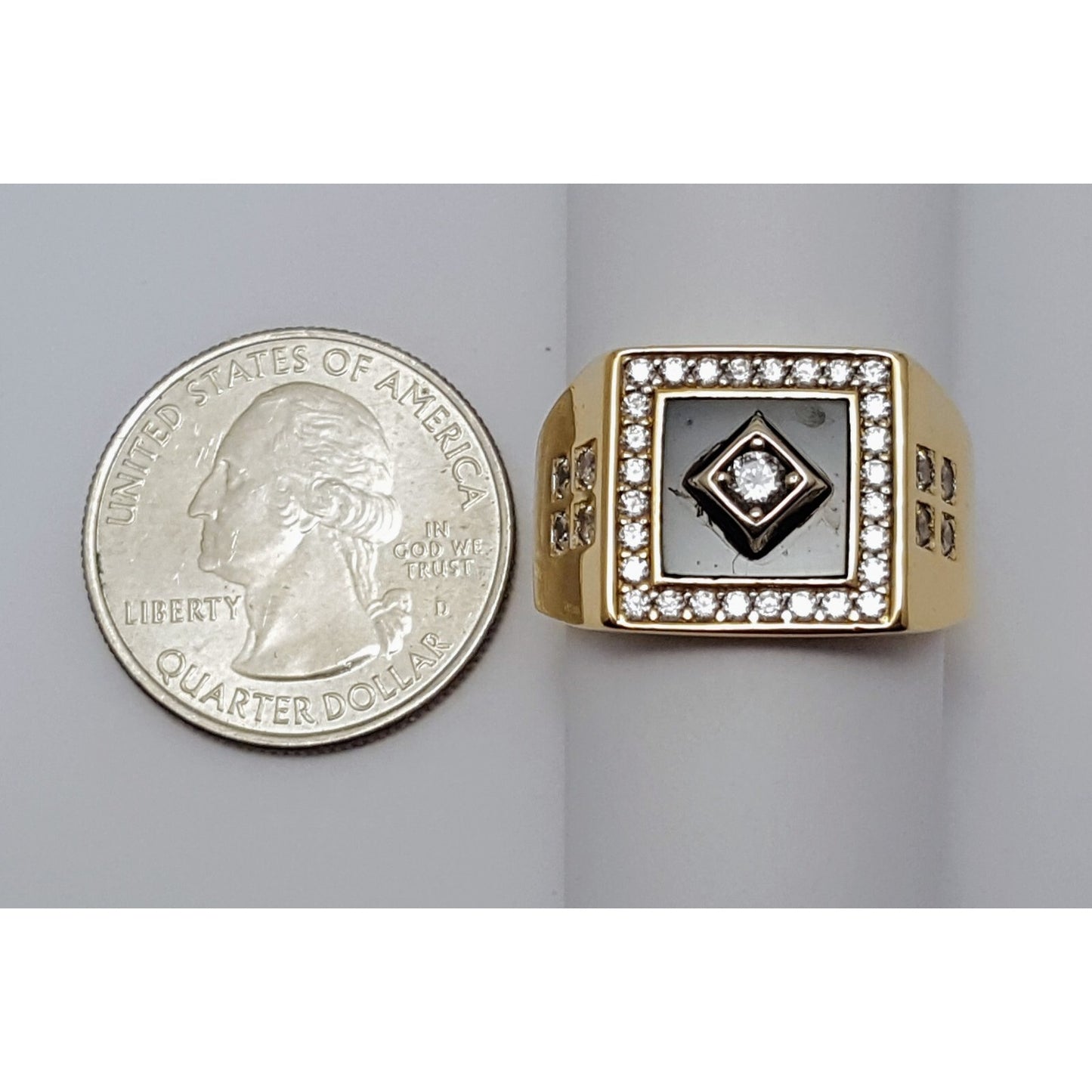 14K Two Tone Gold Onyx & CZ Men's Ring