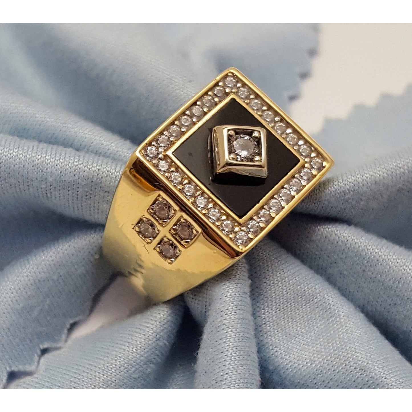 14K Two Tone Gold Onyx & CZ Men's Ring