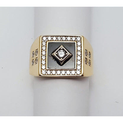 14K Two Tone Gold Onyx & CZ Men's Ring