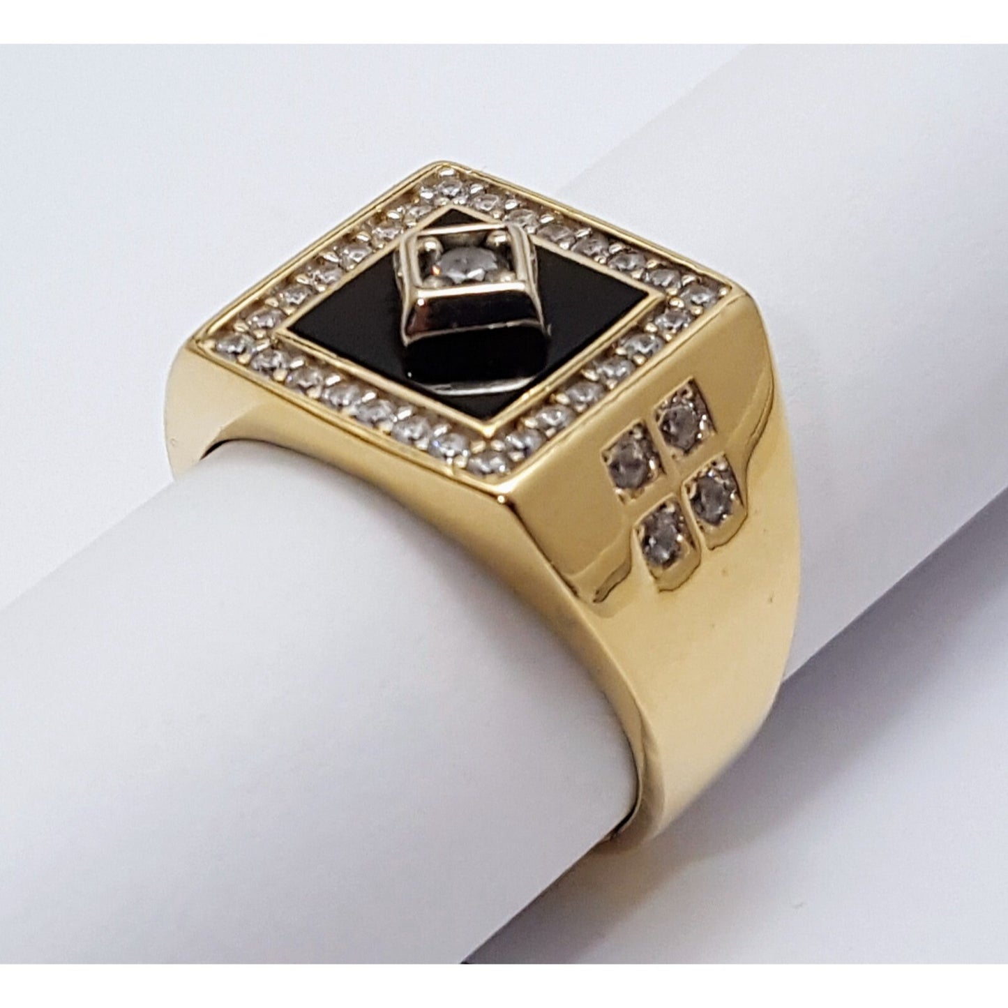 14K Two Tone Gold Onyx & CZ Men's Ring