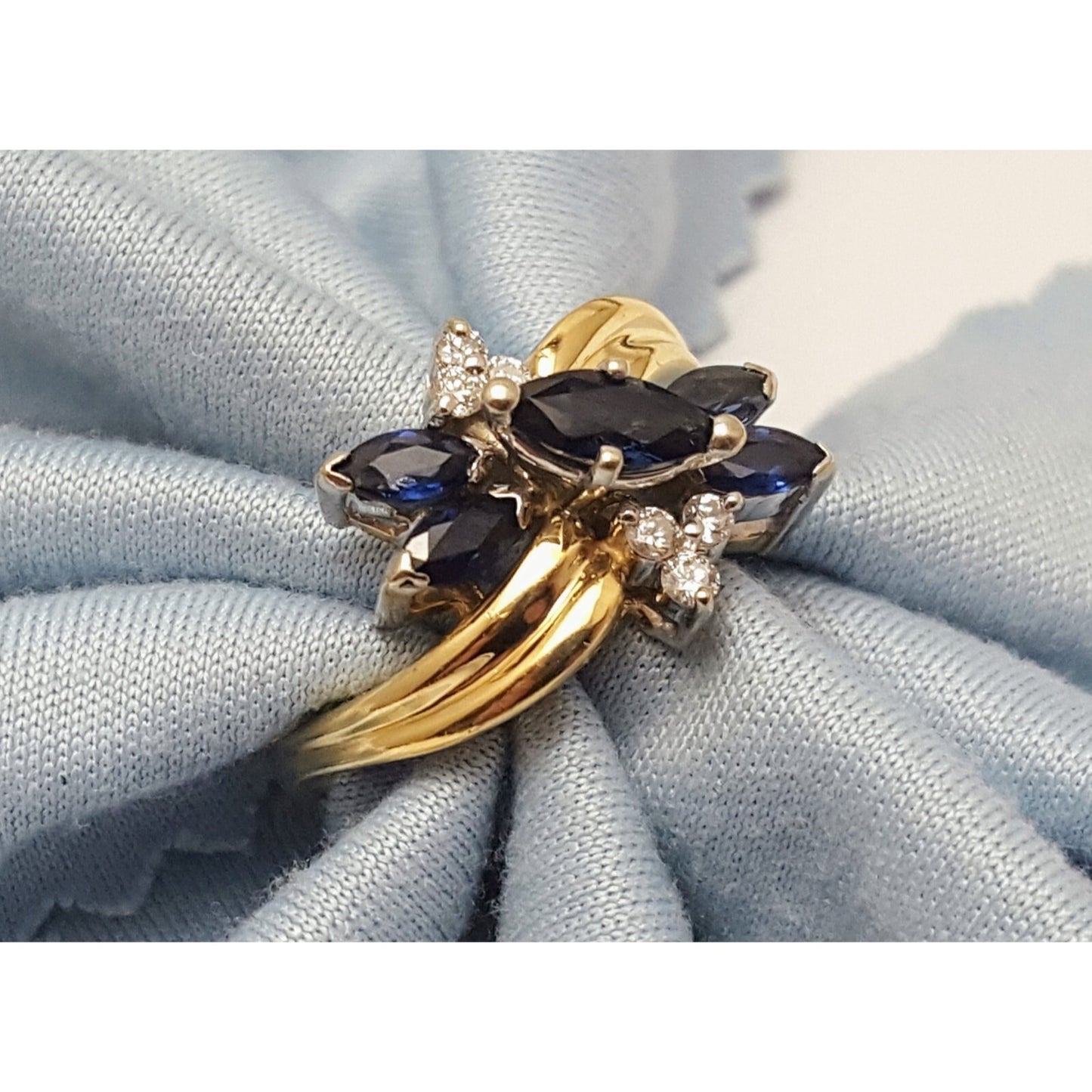 14K Two Tone Gold Marquise Sapphire & Diamond Ring