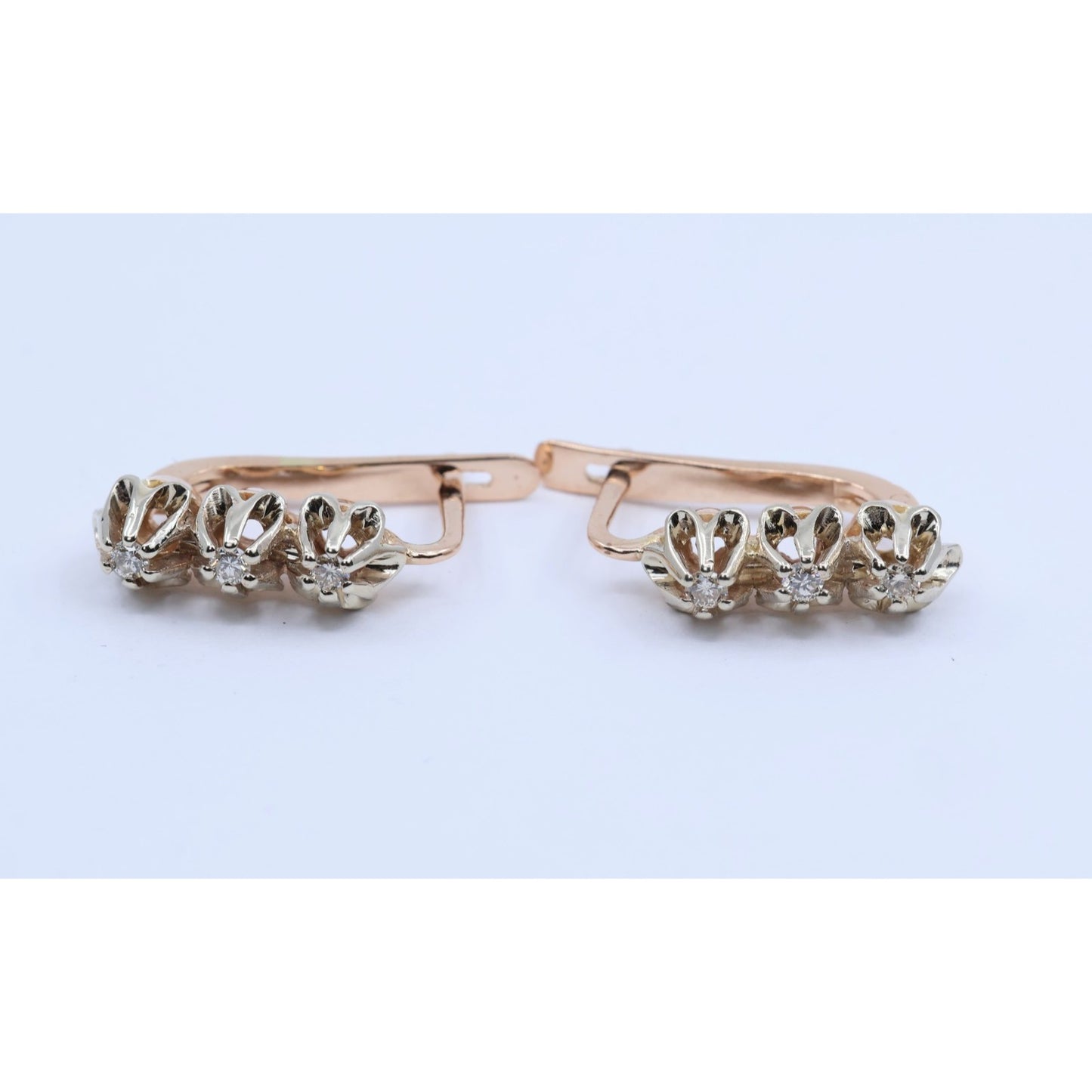 14K Two Tone Gold 3 Stone Round Cut Diamond Hinged Earrings