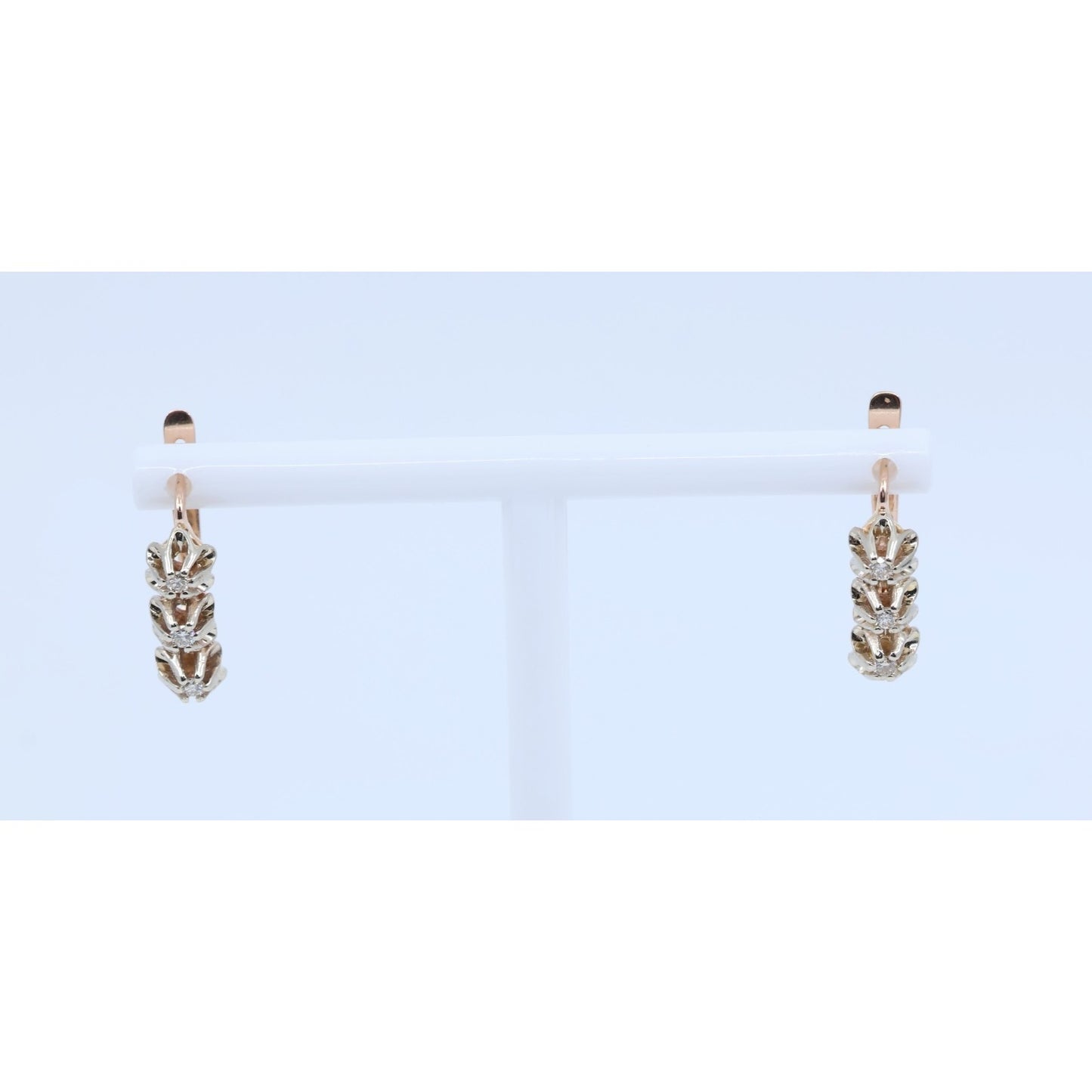 14K Two Tone Gold 3 Stone Round Cut Diamond Hinged Earrings