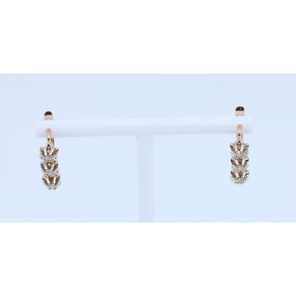 14K Two Tone Gold 3 Stone Round Cut Diamond Hinged Earrings
