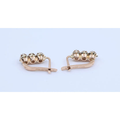14K Two Tone Gold 3 Stone Round Cut Diamond Hinged Earrings