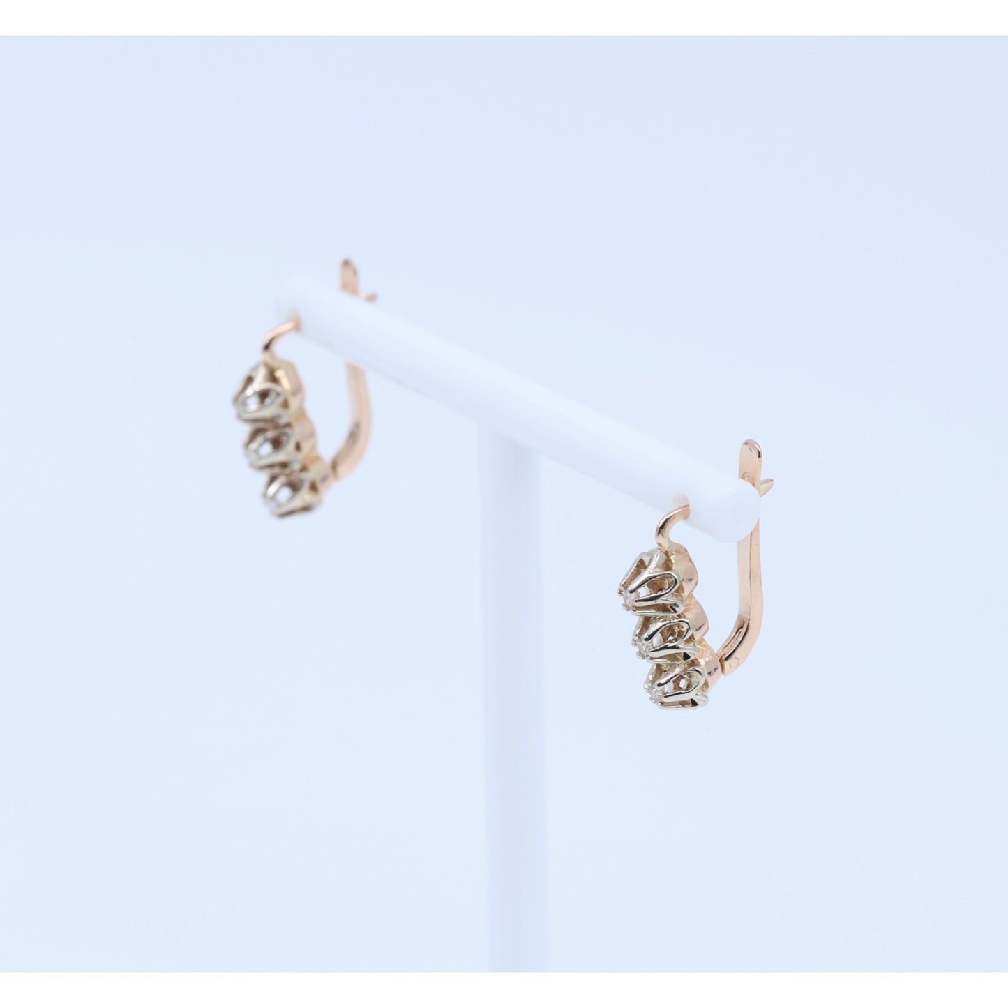 14K Two Tone Gold 3 Stone Round Cut Diamond Hinged Earrings