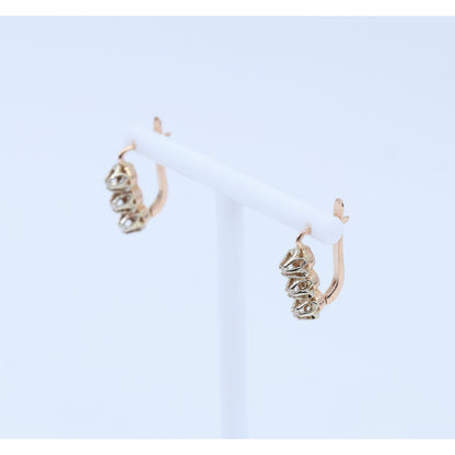 14K Two Tone Gold 3 Stone Round Cut Diamond Hinged Earrings