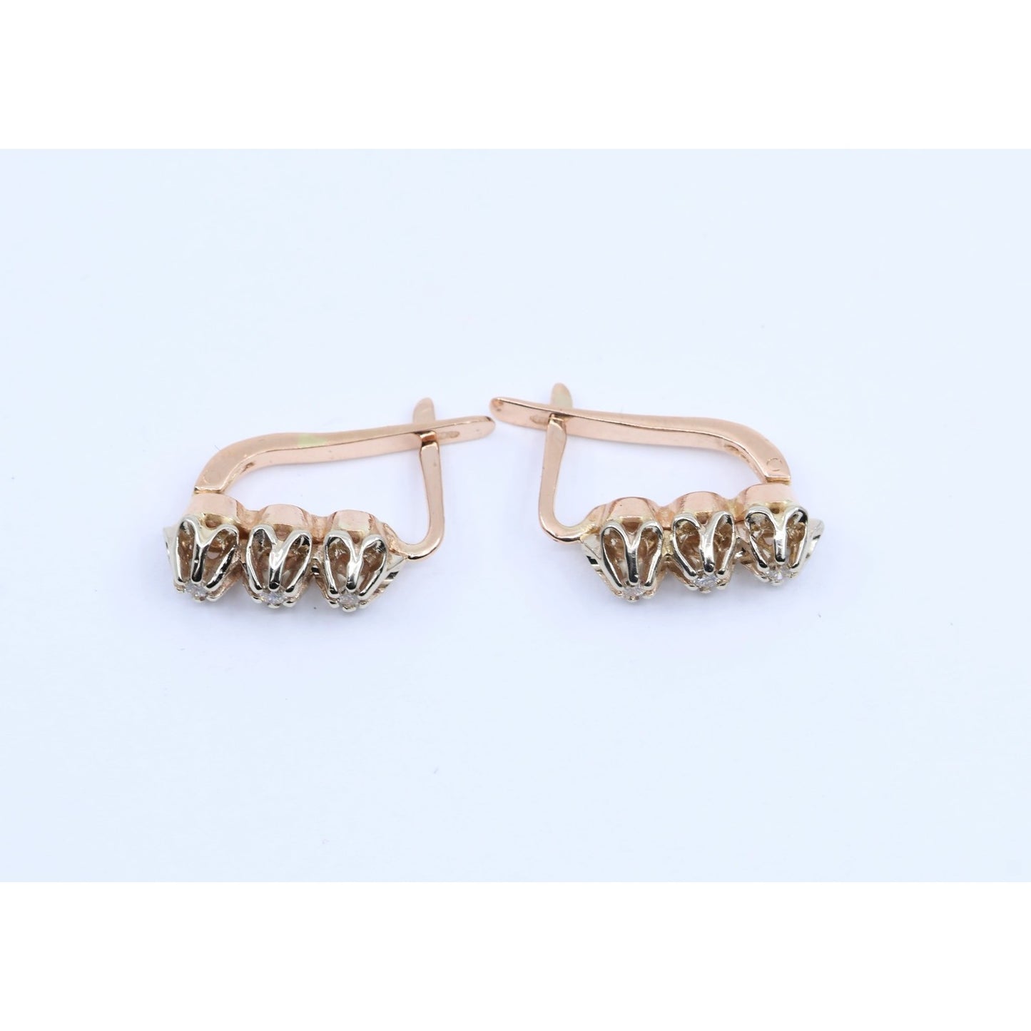 14K Two Tone Gold 3 Stone Round Cut Diamond Hinged Earrings
