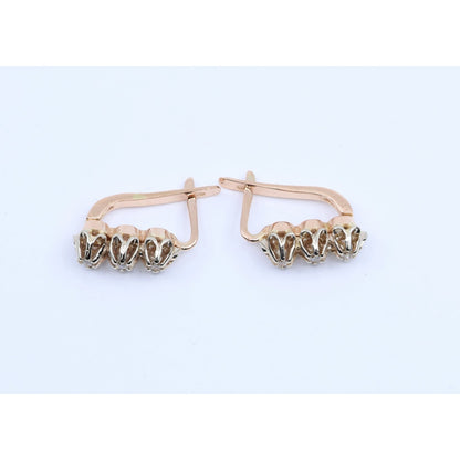 14K Two Tone Gold 3 Stone Round Cut Diamond Hinged Earrings