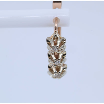 14K Two Tone Gold 3 Stone Round Cut Diamond Hinged Earrings
