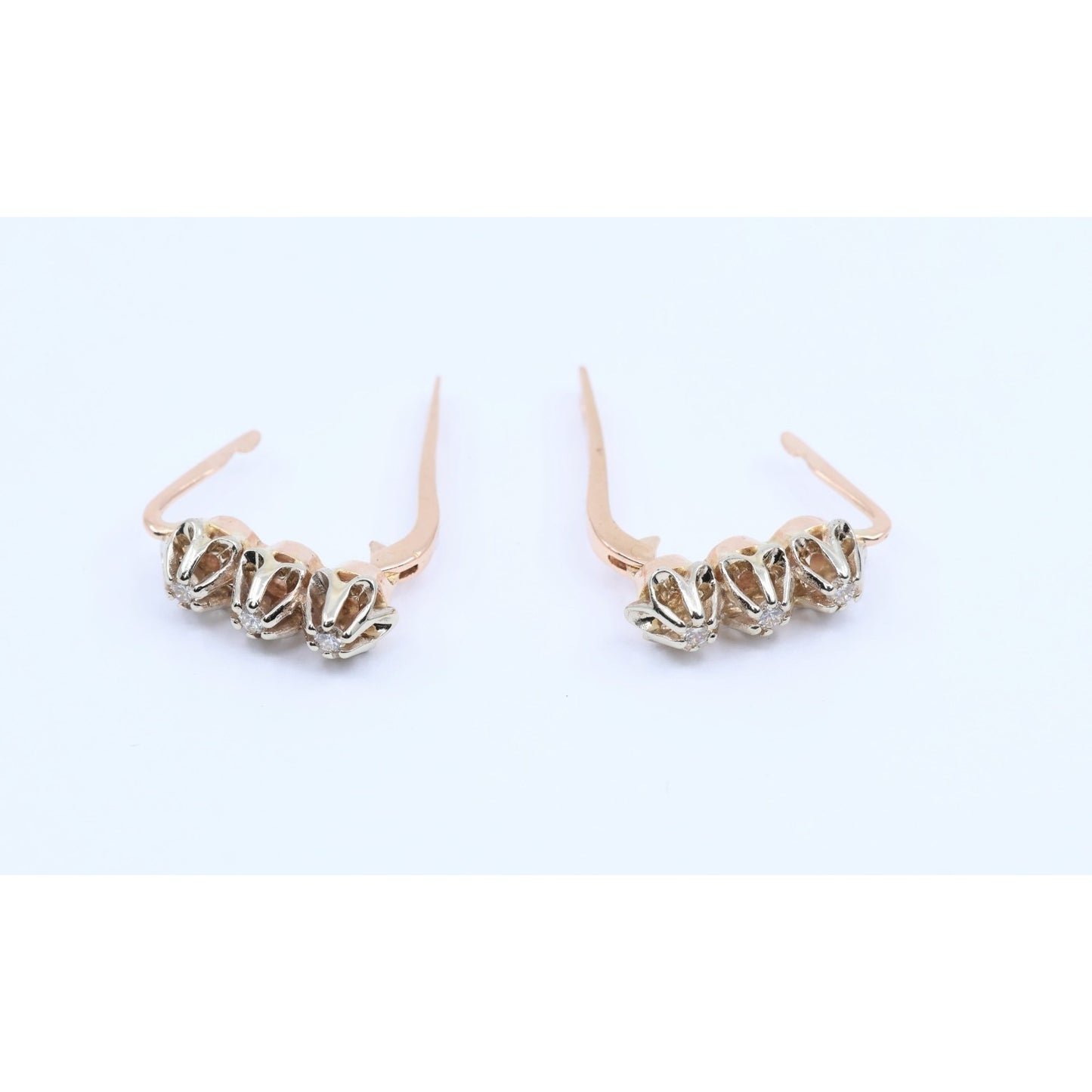 14K Two Tone Gold 3 Stone Round Cut Diamond Hinged Earrings