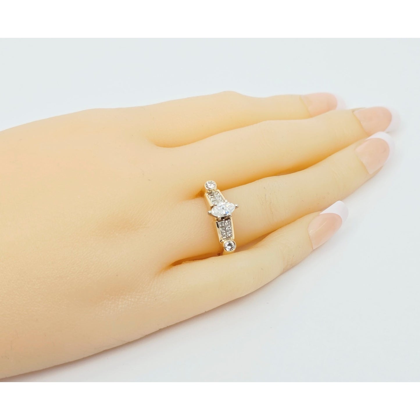 14K Yellow Gold Marquise, Princess & Round Diamond Ring