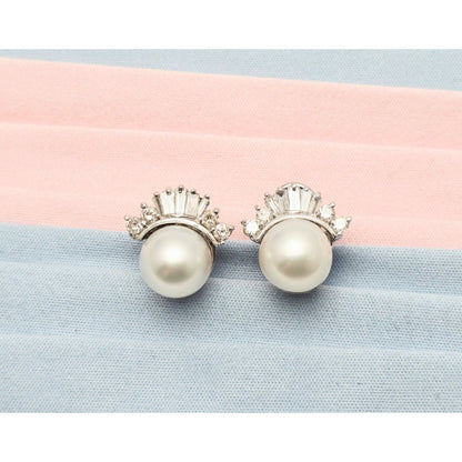 18K White Gold Pearl, Baguette & Round Cut Diamond French Clip Earrings