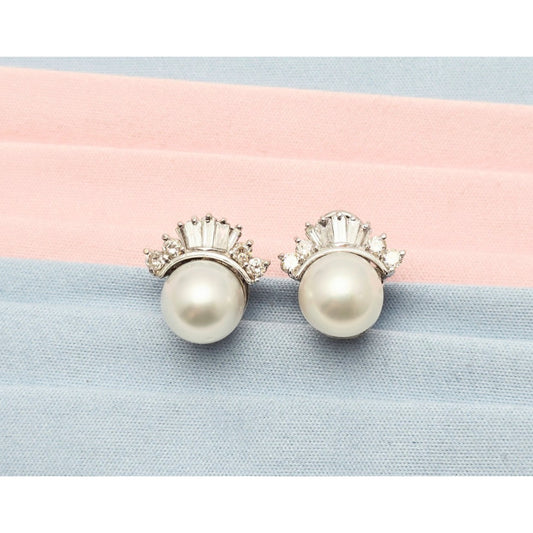 18K White Gold Pearl, Baguette & Round Cut Diamond French Clip Earrings