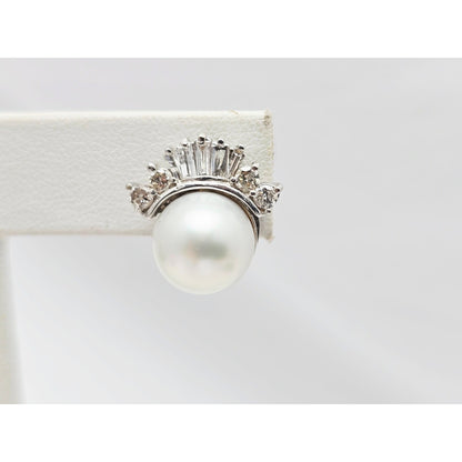 18K White Gold Pearl, Baguette & Round Cut Diamond French Clip Earrings