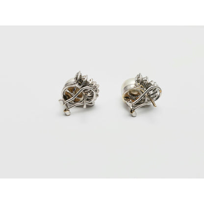 18K White Gold Pearl, Baguette & Round Cut Diamond French Clip Earrings