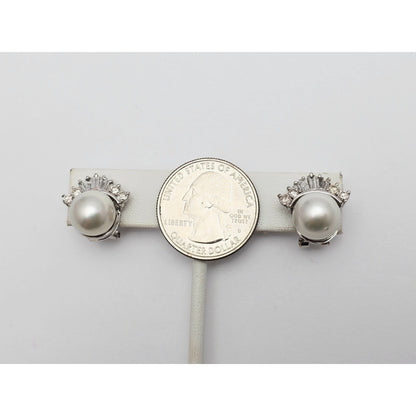 18K White Gold Pearl, Baguette & Round Cut Diamond French Clip Earrings