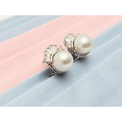 18K White Gold Pearl, Baguette & Round Cut Diamond French Clip Earrings