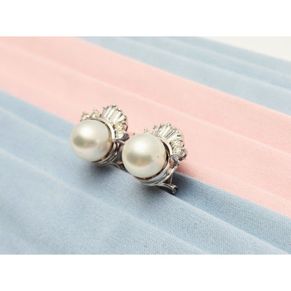 18K White Gold Pearl, Baguette & Round Cut Diamond French Clip Earrings