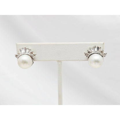 18K White Gold Pearl, Baguette & Round Cut Diamond French Clip Earrings