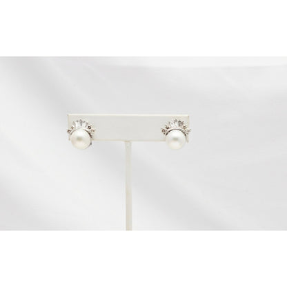18K White Gold Pearl, Baguette & Round Cut Diamond French Clip Earrings