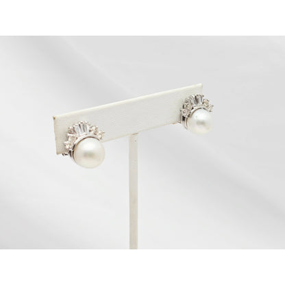 18K White Gold Pearl, Baguette & Round Cut Diamond French Clip Earrings