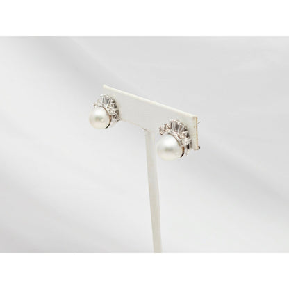 18K White Gold Pearl, Baguette & Round Cut Diamond French Clip Earrings