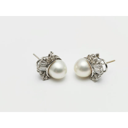 18K White Gold Pearl, Baguette & Round Cut Diamond French Clip Earrings