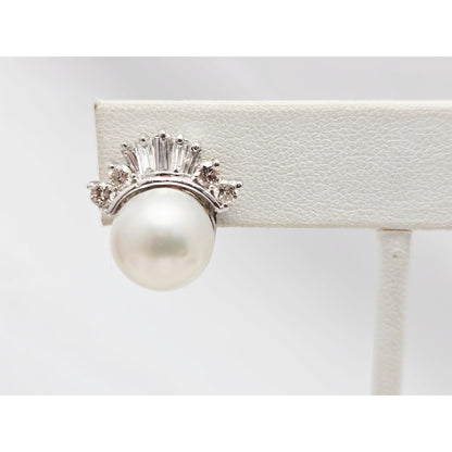18K White Gold Pearl, Baguette & Round Cut Diamond French Clip Earrings