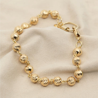 18K Yellow Gold Diamond Cut Bead Ball Link Bracelet