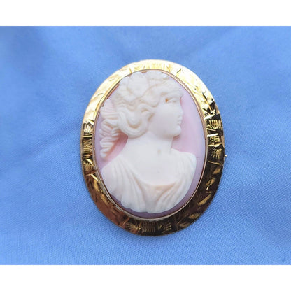 Vintage 10K Yellow Gold Floral Pink Cameo Oval Brooch Pin