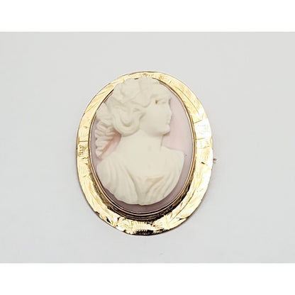 Vintage 10K Yellow Gold Floral Pink Cameo Oval Brooch Pin