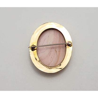 Vintage 10K Yellow Gold Floral Pink Cameo Oval Brooch Pin