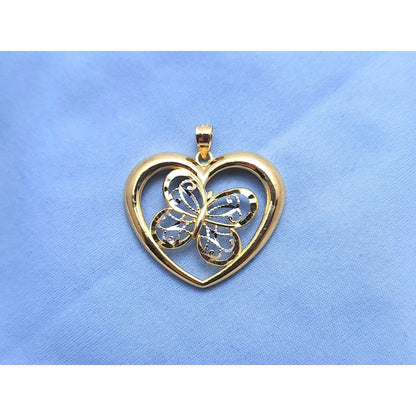 10K Two Tone Gold Diamond Cut Open Heart Butterfly Charm Pendant