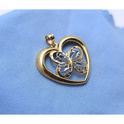 10K Two Tone Gold Diamond Cut Open Heart Butterfly Charm Pendant