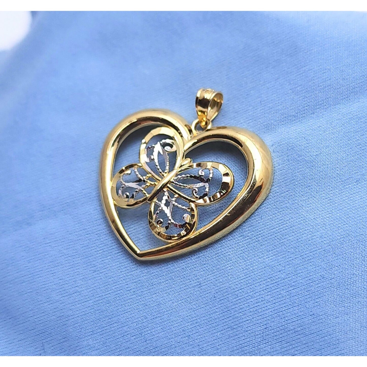 10K Two Tone Gold Diamond Cut Open Heart Butterfly Charm Pendant