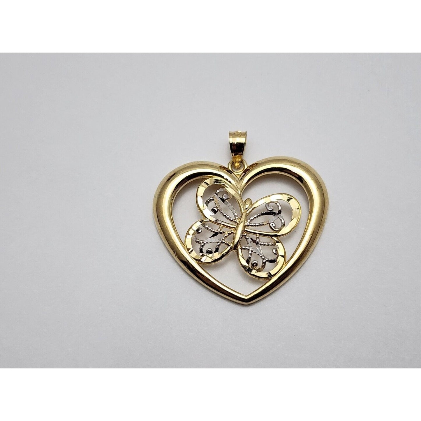 10K Two Tone Gold Diamond Cut Open Heart Butterfly Charm Pendant