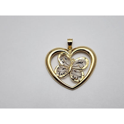 10K Two Tone Gold Diamond Cut Open Heart Butterfly Charm Pendant