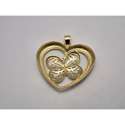 10K Two Tone Gold Diamond Cut Open Heart Butterfly Charm Pendant