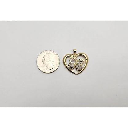 10K Two Tone Gold Diamond Cut Open Heart Butterfly Charm Pendant