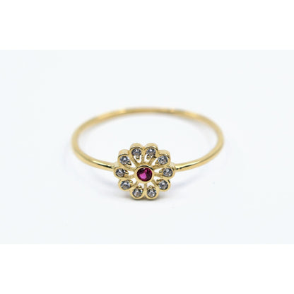 Thin 14K Yellow Gold Flower Ruby & CZ Ring